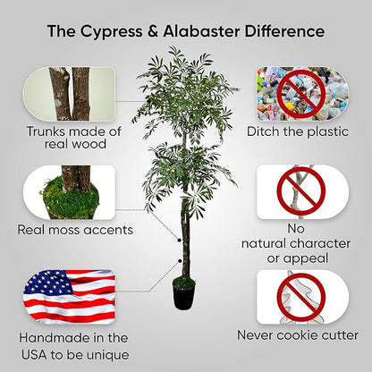 Cypress & Alabaster Handmade 6.5ft Artificial 2-Tier Olive Tree with Real Wood Trunks, Hypoallergenic, 6.5 Foot, Green