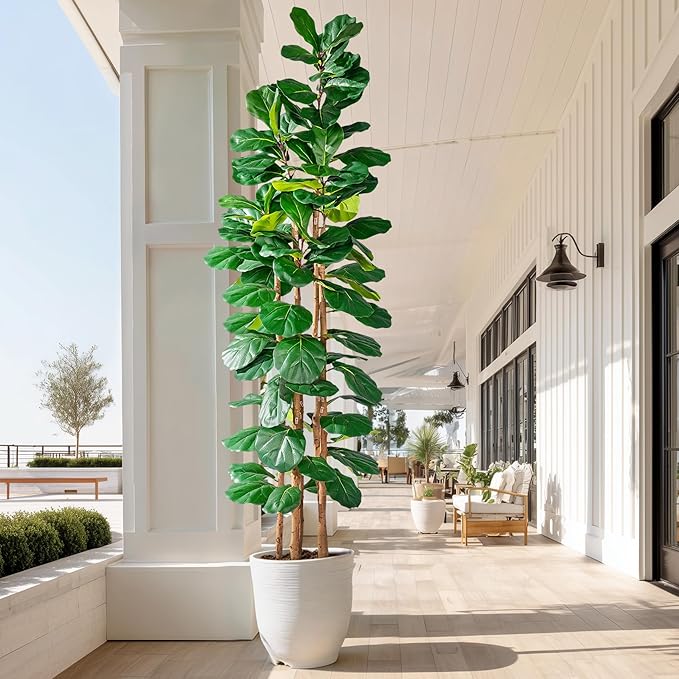 Large Fake Fiddle Leaf fig Trees Tall Artificial ficus Tree Indoor Outdoor Realistic Floor Plant Faux Plastic Plants Flowers for House Home Living Room Office Front Porch Modern Farmhouse Decor
