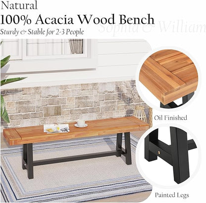 Sophia & William Outdoor Bench Garden Bench Wood 63", Patio Dining Bench Weatherproof, Wooden Park Front Porch Benches for Outside, Backless Acacia Wood Bench Long Narrow Clearance, Teak