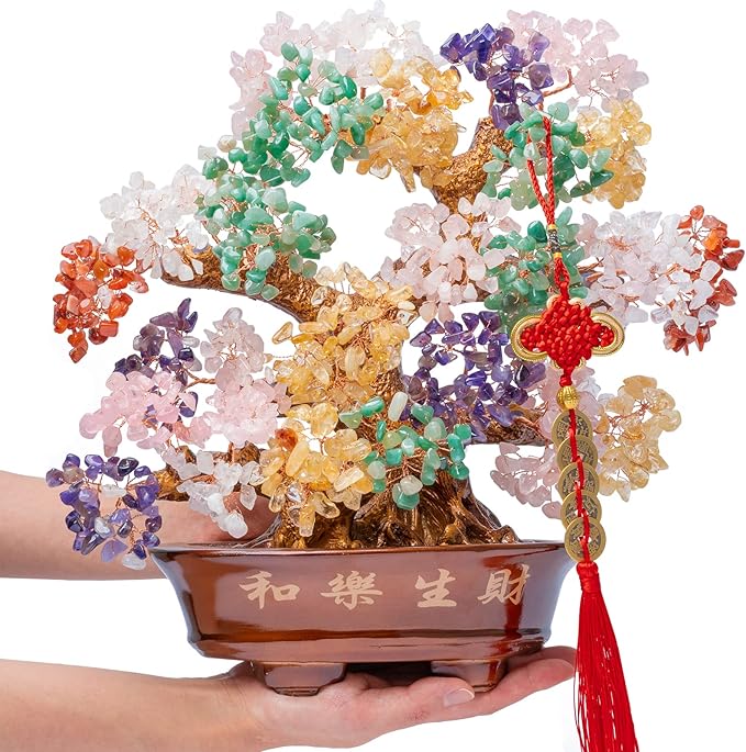 Natural Large Chakra Crystal Tree14, Included Lucky Coins Chain, Tree of Life(1251 Gemstone Count) with Healing Properties- Bonsai Feng Shui Money Tree for Good Luck and Wealth