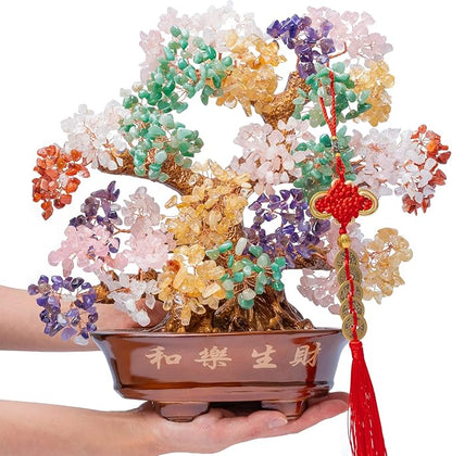 Natural Large Chakra Crystal Tree14, Included Lucky Coins Chain, Tree of Life(1251 Gemstone Count) with Healing Properties- Bonsai Feng Shui Money Tree for Good Luck and Wealth