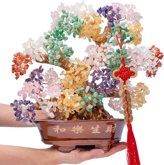 Natural Large Chakra Crystal Tree14, Included Lucky Coins Chain, Tree of Life(1251 Gemstone Count) with Healing Properties- Bonsai Feng Shui Money Tree for Good Luck and Wealth