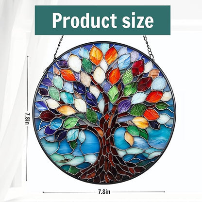 7.8″Tree of Life Stained Glass Window Hanging,Glass Panel Blue Suncatcher for Windows Hanging - Decoration for Home Garden Christmas Party Wedding Housewarming Gifts