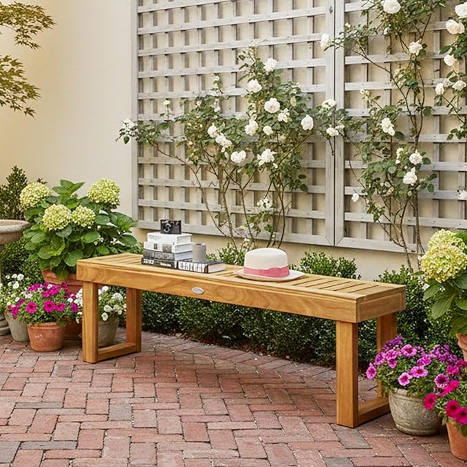 Tangkula 52” Outdoor Acacia Wood Garden Bench, Patio Wood Dining Bench with Slatted Seat, Wooden Backless Bench for Outdoors & Indoors, Outside Bench for Entryway, Deck, Poolside, Yard & Porch
