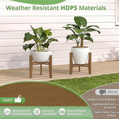 LUE BONA 2 Pack HDPS Plant Stand, Adjustable Plant Stand Indoor for 8-12 Inches Pots, Mid Century Modern Plant Holder for Indoor, Outdoor, Teak Finish