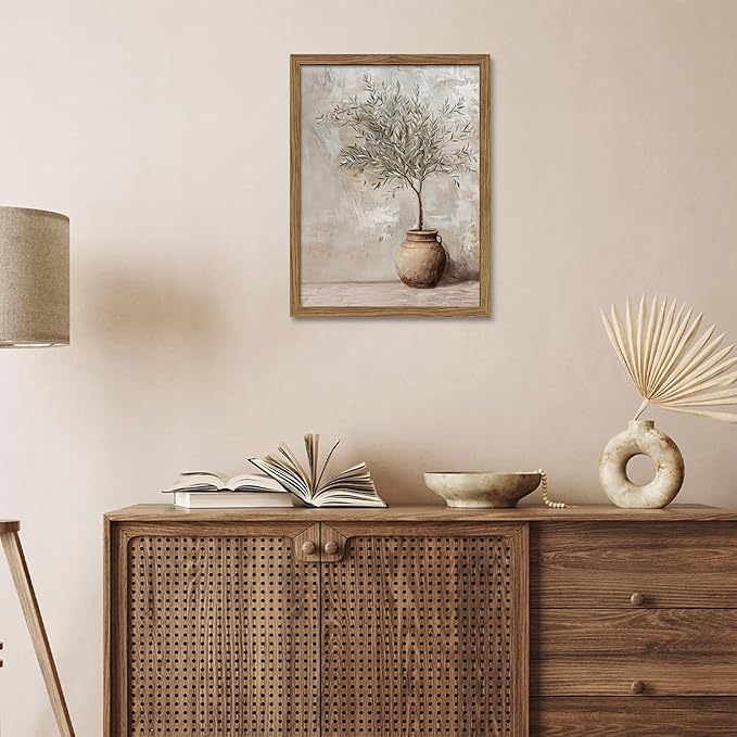 Vintage Olive Tree Framed Wall Art Prints, Modern Farmhouse Botanical Canvas, Rustic Potted Plant Paintings Wall Decor, Home Decor Aesthetic Pictures for Living Room Bedroom – 8x10 inch