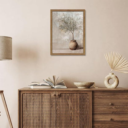 Vintage Olive Tree Framed Wall Art Prints, Modern Farmhouse Botanical Canvas, Rustic Potted Plant Paintings Wall Decor, Home Decor Aesthetic Pictures for Living Room Bedroom – 12x16 inch