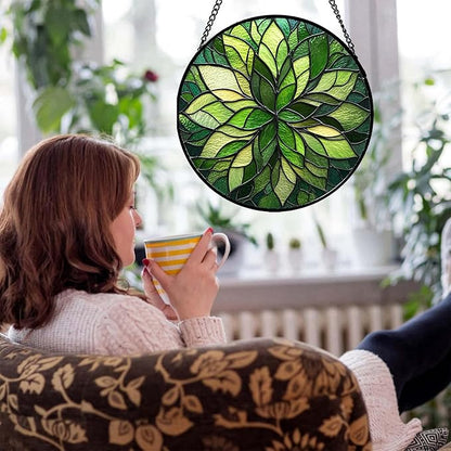 Stained Glass Window Hanging - Green Gradient Flowers Suncatcher for Doors Window Home Plant Sun Catchers Decor Christmas Mother's Day Birthday Gifts for Teacher Women Men Mom Nana 15 in
