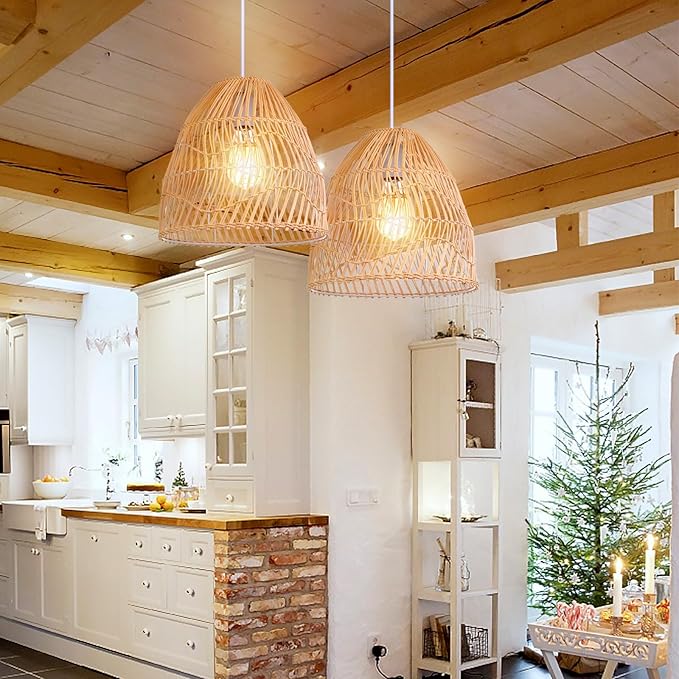 Arturesthome Rattan Pendant Light Fixture,Wicker Chandelier Boho Basket Ceiling Lighting,Natural Woven Hanging Lamp for Kitchen Island11.8 * 11.8"