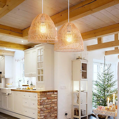 Arturesthome Rattan Pendant Light Fixture,Wicker Chandelier Boho Basket Ceiling Lighting,Natural Woven Hanging Lamp for Kitchen Island11.8 * 11.8"