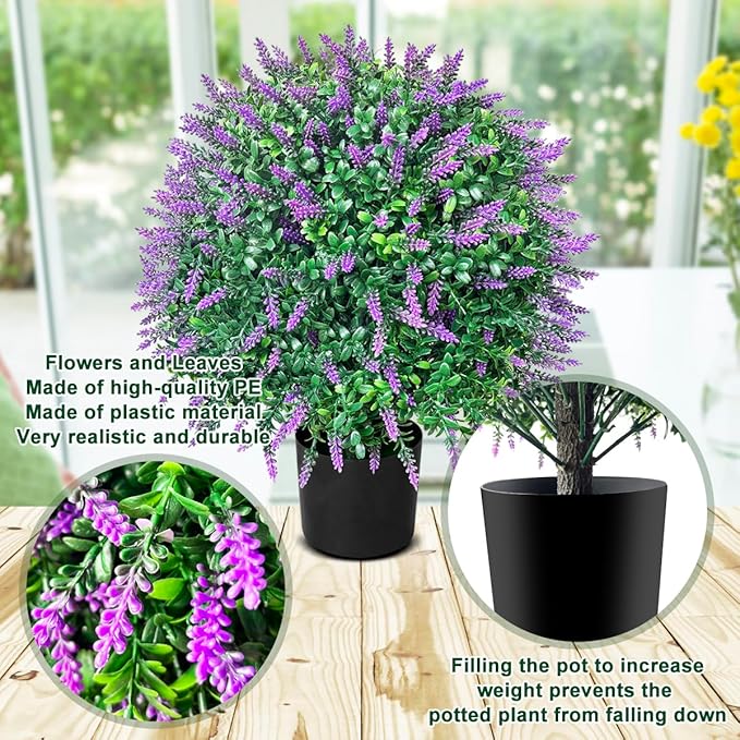WAYNHUI Tall Artificial Lavender/Rose Topiary Ball Tree Set of 2 Pack Potted Bushes UV Resistant Potted Plants for Indoor Outdoor Home Garden (Lavender)