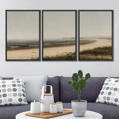Ashbrook Framed Canvas Print Wall Art Set Misty Beach Horizon Nature Wilderness Illustrations Fine Art Decorative Seascape Horizon Vintage for Living Room, Bedroom, Office - 16"x24"x3 Black