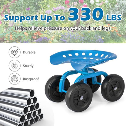 Goplus Garden Cart with Wheels, Utility Stool Cart w/Adjustable 360 Degree Swivel Seat, Outdoor Lawn Yard Rolling Work Seat, Garden Scooter for Planting (Blue)