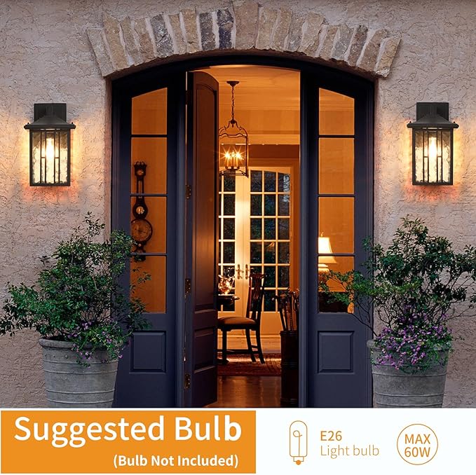 Outdoor Wall Light, Matte Black Porch Light Fixtures, Waterproof Outside Wall Lantern, Anti-Rust Exterior Wall Mount Sconce with Water Glass for House Garage Patio