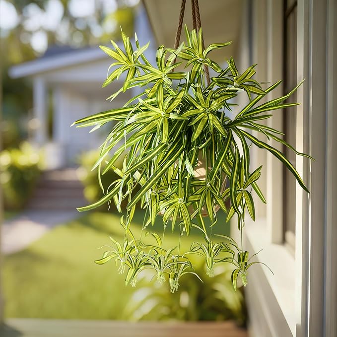 2 Pcs Artificial Spider Hanging Plant Artificial Bracketplant Chlorophytum Fake Greenery for Outdoor Porch Patio Window Shelf Office Garden Home Decor (Green)