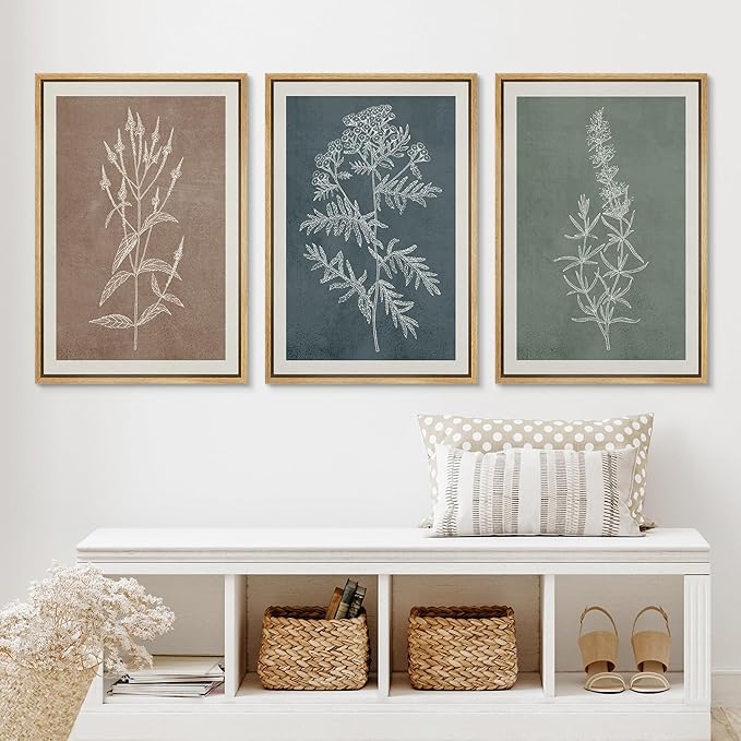 Ashbrook Framed Canvas Print Wall Art Set Duotone Forest Wildflower Farmhouse Decor Nature Wilderness Illustrations Modern Art Floral Botanical Calm/Relax/Cozy for Bedroom - 16"x24"x3 NATURAL
