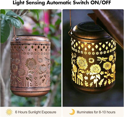 Solar Lanterns Sunflower Dragonfly Butterfly Lights Outdoor Decor Hanging Lantern Waterproof Metal LED Garden Decor Decorative,Yard,Patio,Lawn,Christmas Gifts 1 Pack Bronze