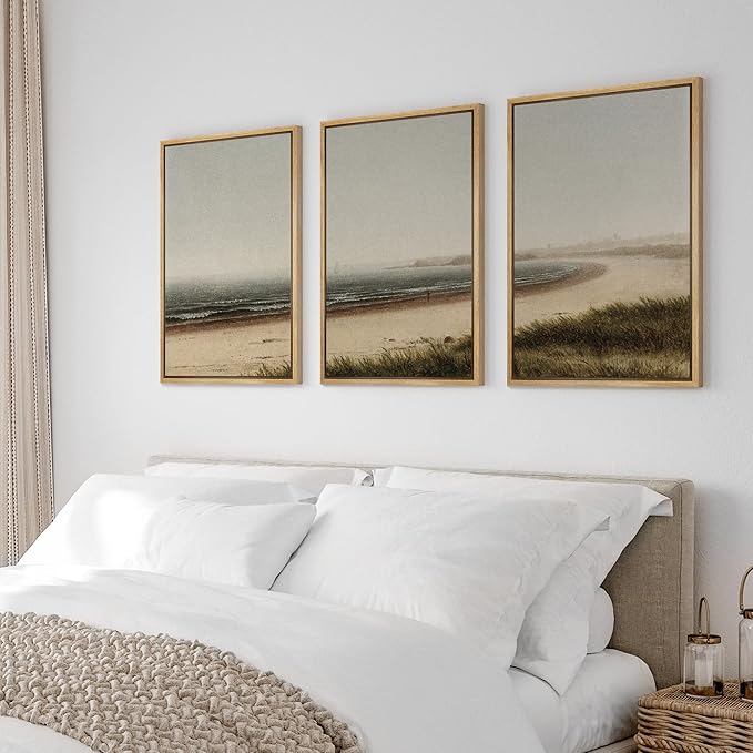 Ashbrook Framed Canvas Print Wall Art Set Misty Beach Horizon Nature Wilderness Illustrations Fine Art Decorative Seascape Horizon Vintage for Living Room, Bedroom, Office - 24"x36"x3 Natural