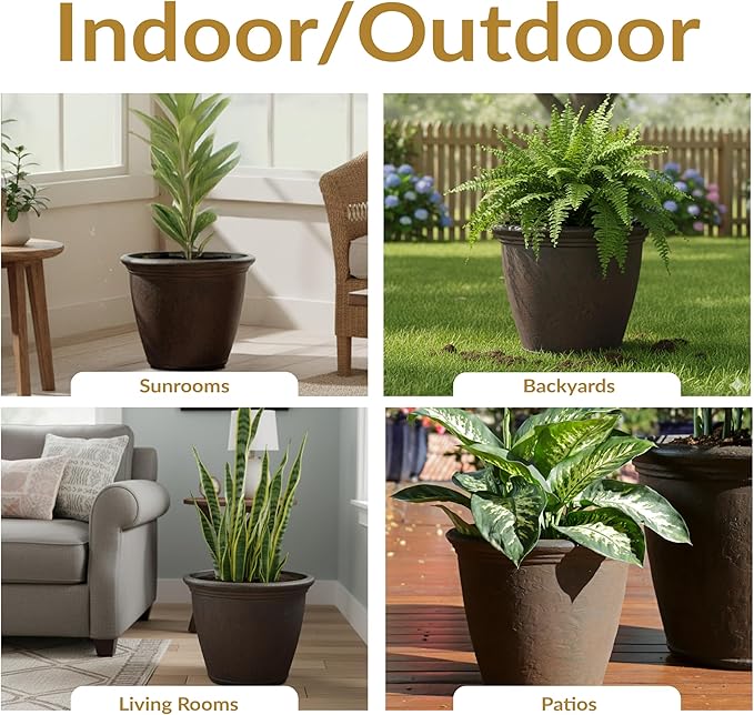Sunnydaze 15.25-Inch Anjelica Large Plastic Pot for Plants - Double-Walled Outdoor Polyresin Round Planter with Drillable Drainage Holes - Rust - 4pk