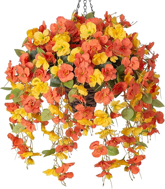 HyeFlora Artificial Fake Hanging Flowers Plants Baskets for Outdoor Decoration, 5Pcs Faux Silk Hibiscus Long Vines in Planter Look Real for Outside Home Porch Patio Garden (YellowOrange)