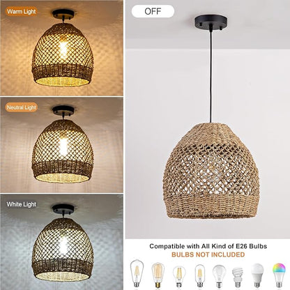 Boho Rattan Pendant Lights 13.8" Hand-Woven Farmhouse Dining Room Light Fixture Bell Ceiling Hanging Chandelier Handwoven Seagrass Lampshade for Kitchen Island Entry Living Room Bedroom Foyer