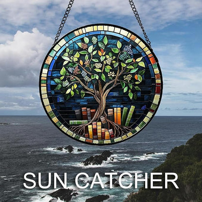 Stained Glass Window Hanging Green Life Tree Berry Book Large 15" - Blue Suncatcher Door Garden Sun Catcher Home Decor Birthday Christmas for Mom Men Woman Nana Friend
