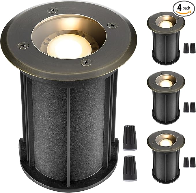 Gardenreet Landscape Well Light - Brass Outdoor Ip65 Waterproof In-Ground Lighting, 12V Wired LED Low Voltage Fixture, Antique Bronze for Lawn Walkway Wall Without MR16 Bulb