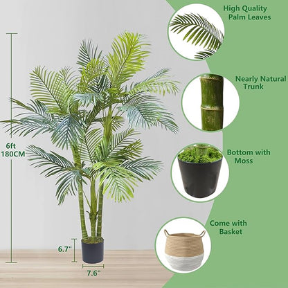 Artificial Palm Tree, 6ft Golden Cane Fake Palm Plant with Basket, Large Phoenix Palm UV Resistant Faux Plants for Indoor Outdoor Home Garden Patio Office Décor