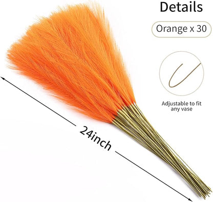 Faux Orange Pampas Grass - 30pcs 24 Inch Artificial Pampas Grass Decor, Tall Pampas Grass for Floor Vase, Table Centerpieces, Wedding, Party and Living Room Decor (Orange, 30 Pieces)