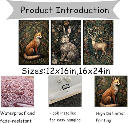 3Pcs Forest Animal Canvas Wall Art Fox Rabbit Deer Painting Pictures Wall Decor Wildlife Animal Posters Prints Dark Gothic Botanical Floral Artwork for Office Bedroom Home Decoration 12x16in