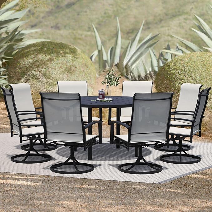9 Piece Outdoor Dining Set, 60" Black Round Outdoor Dining Table with 8 Oyster Beige Swivel Patio Table and Chair Set of 8 for Lawn, Garden, or Porch