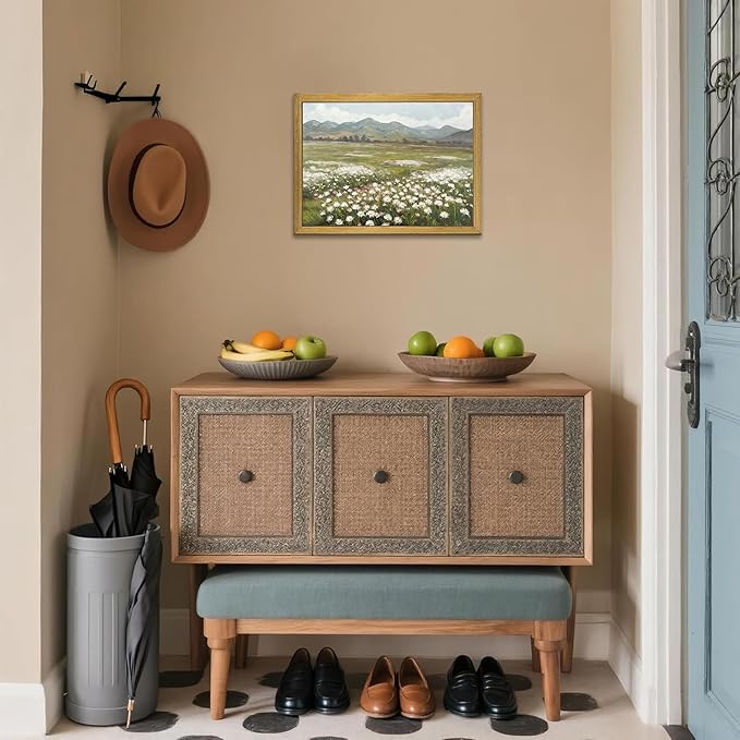 Framed Canvas Wall Art, Vintage Landscape Bathroom Wall Decor, Countryside Flower Field Classic Print Poster, Farmhouse Kitchen Oil Painting, large Artwork Living Room Home Decor 12x16 Inch
