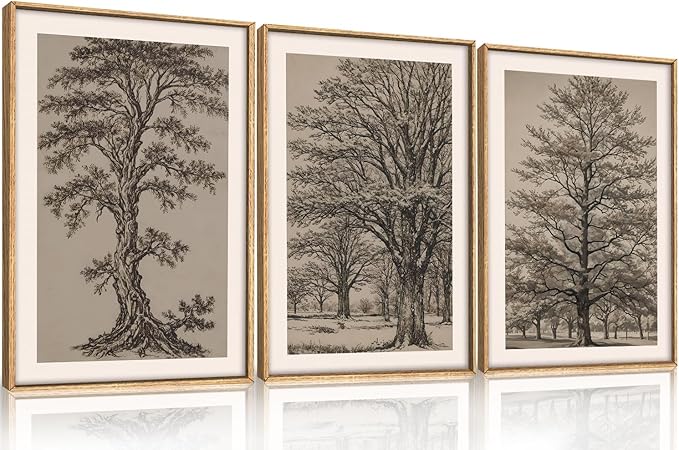HOURIA Vintage Tree Sketch Framed Canvas Wall Art Set,Natural Brown and Gray Woodland Wall Decor,Mid Century Nature Forest Artwork,Textured Botanical Art Print for Living Room,Bedroom,Office-24"x36"x3
