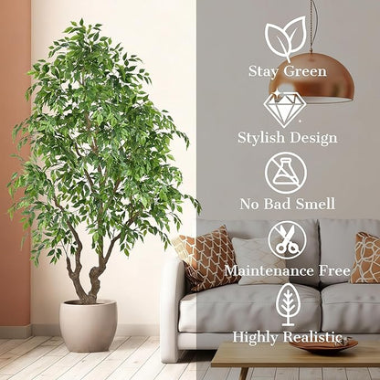 7ft Artificial Ficus Tree - 84In Tall Faux Banyan Tree with White Planter, Large Fake Ficus Tropical Plant for Home Office Living Room Mall Porch Indoor Decor