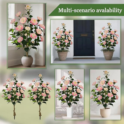 Artificial Camellia Tree with Spike, 36” Tall Faux Artificial Plants Outdoor Flower Tree with Pink Blooming Camellia Flower, Fake Flower Tree for Home, Garden Decor(Pink)