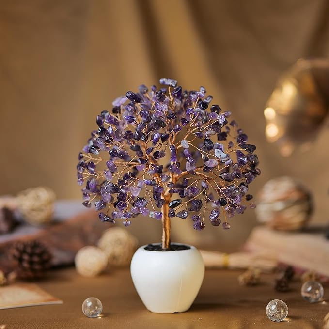 Amethyst Stone Chakra Crystal Tree Money Tree Feng Shui Gemstone Tree of Life with Pot Base, Good Luck Trees Christmas Home Office Desk Crystal Decor Ornament Stress Relief, Spiritual Insight