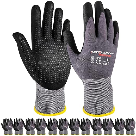 Gasoline Safety Work Gloves Extra Micro-Foam Nitrile Coated-12 Pairs,Endurance Seamless Knit Nylon Spandex,Dots on Palm, Dot Grip Gloves，Work Gloves Men and Women (12, XL)
