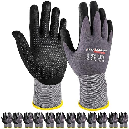 Gasoline Safety Work Gloves Extra Micro-Foam Nitrile Coated-12 Pairs,Endurance Seamless Knit Nylon Spandex,Dots on Palm, Dot Grip Gloves，Work Gloves Men and Women (12, XL)
