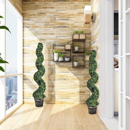 Goplus 4FT Artificial Spiral Boxwood Topiary Tree, 2 Pack Greenery Large Faux Plant in Cement-Filled Plastic Pot, Tall Fake Plant for Indoor Outdoor Home Front Porch Decor