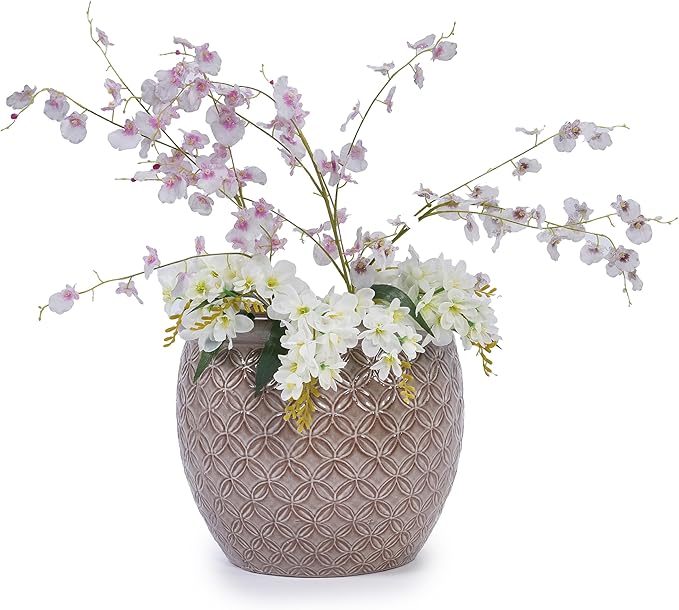 Set of 3 Ceramic Flower Pots, 9+12+15 Inches Modern Planters for Indoor Outdoor, Garden Patio Windowsill Decor with Drainage Hole-Antique Yellow