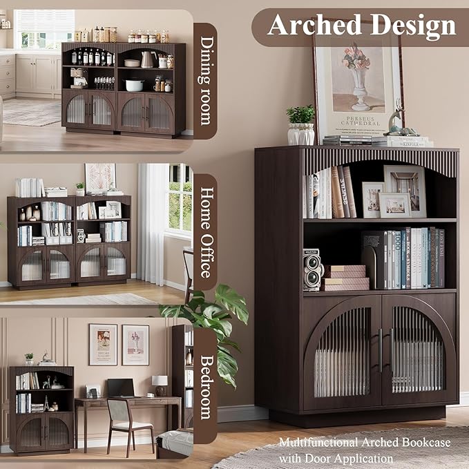 46" Bookshelf with Doors, Brown Bookcase with Glass Door, 3 Tier Small Bookshelf w/Deep Storage Cabinet and Adjustable Shelves, Wood Standing Mid Century Book Shelf for Home Office Kitchen