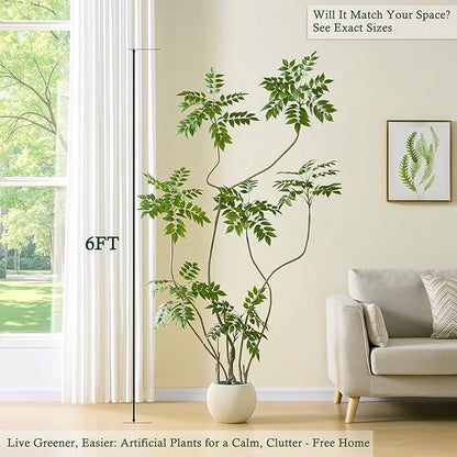 Artificial Sumac Tree：6FT Faux Mahonia Fortunei Tree Realistic Fake Floor Plant Silk Leaves & Elegant Branches in Pot Fake Plant for Minimalist Decor Indoor Home Sala Office Hotel Patio Studio