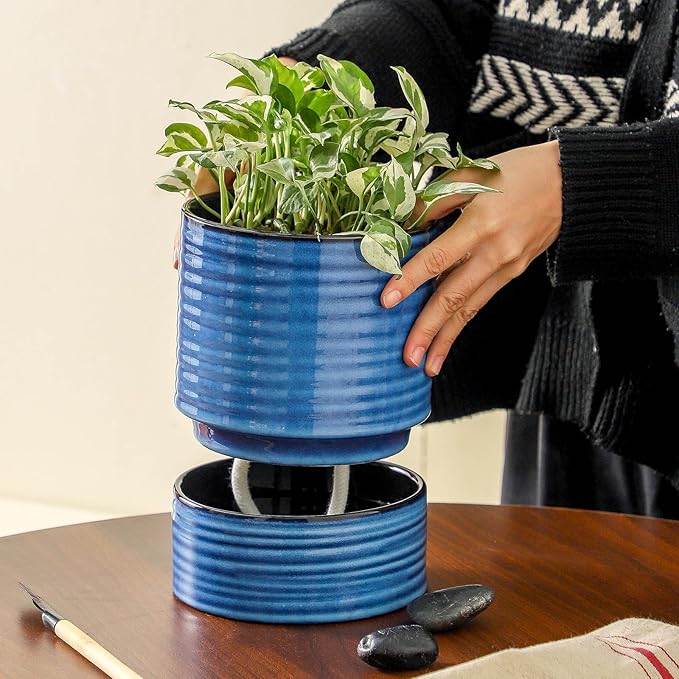 HASENSE Self Watering Pots for Indoor Plant, 6 Inch Porcelain Planter with Drainage Hole & Water Storage Plus for Indoor & Outdoor Plants, Round Flower Pot for Home Office Kitchen Decor, Blue