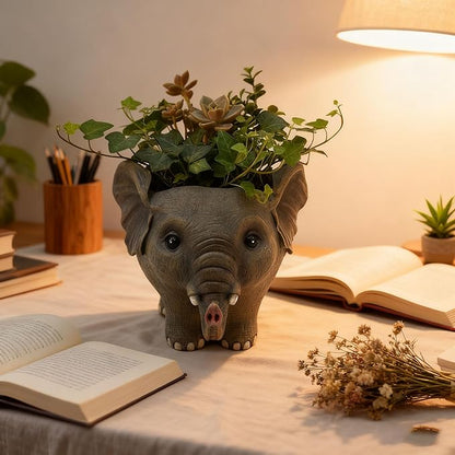 Elephant Planter Pot for Succulents, 6.7inch Resin Flower Pot with Drain Hole, Cute Animal Decor, Unique Gift for Christmas, Birthday, Mom, Housewarming (Brown)