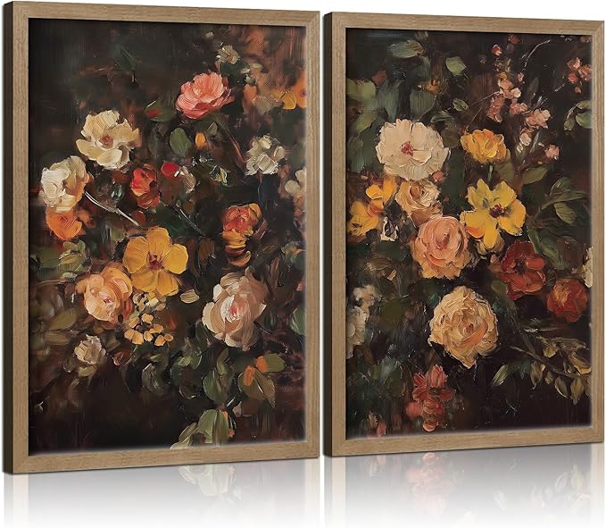 Framed Vintage Canvas Wall Art Classic Floral Oil Painting Style Poster Picture Countryside Painting Nature Scenery Modern Home Print Living Room Gallery Office Ready to Hang 16x24 Inch x2