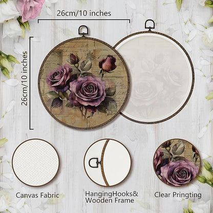 XNXLDYLH Vintage Rose Flower Round Framed Wall Art Decor, Rustic Purple Retro Earthy Floral Bathroom Hanging Wall Decor Decorations, Botanical Floral Canvas Prints Wall Art Pictures Paintings,10x10Inch