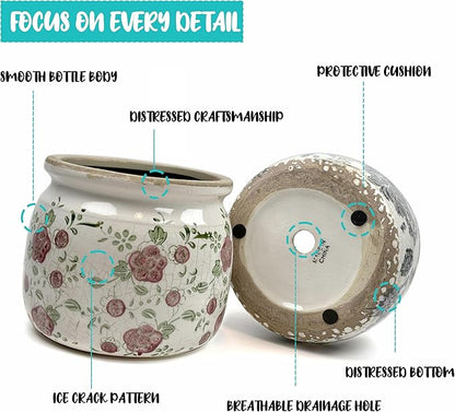 Vintage Ceramic Ice Crack Flower Pot with Drainage Holes, Country Rustic Planters for Indoor and Outdoor,Tuscan Decor,Home,Living Room, Garden Decor, Gardening Gift (Tropical)