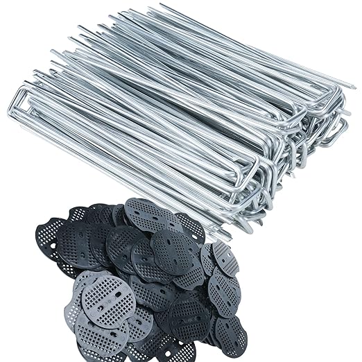 Finderomend 100 Pack Landscape Staples and 100 Pack Gaskets,8" Long 9 Gauge Galvanized Steel Garden Staples with Black Pads,Landscape Pins Turf Staples for Securing Weed Barrier Artificial Grass
