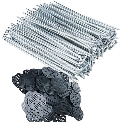 Finderomend 100 Pack Landscape Staples and 100 Pack Gaskets,8" Long 9 Gauge Galvanized Steel Garden Staples with Black Pads,Landscape Pins Turf Staples for Securing Weed Barrier Artificial Grass