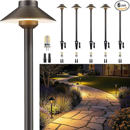 Gardenreet Low Voltage Landscape Brass Lighting - 12V LED Pathway Lamp IP65 Waterproof, Hard-Wired Bronze Path Light for Outdoor Walkway Garden with 3W 5000K Daylight G4 Replaceable Bulb (6 Pack)